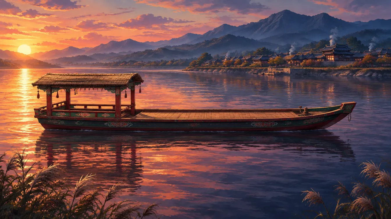 Perahu sungai berkanopi tikar di tengah sungai lebar saat matahari terbenam, dengan pegunungan biru dan desa beratap genteng di seberang.