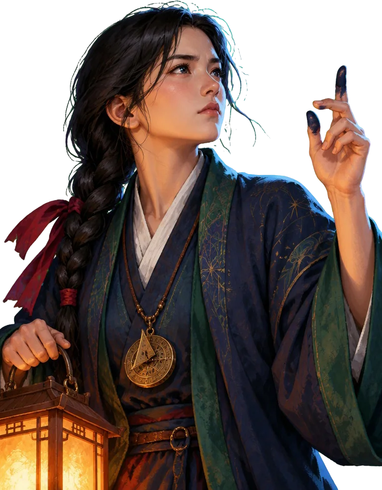 Seol Ha-eun, astronom istana, menatap langit sambil mengangkat tangan bertinta dan membawa lentera.