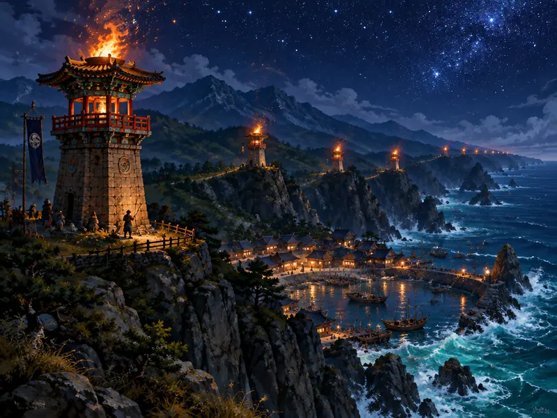 Tebing pantai Hwangporu di malam hari, dengan menara suar menyala berderet di punggung bukit.
