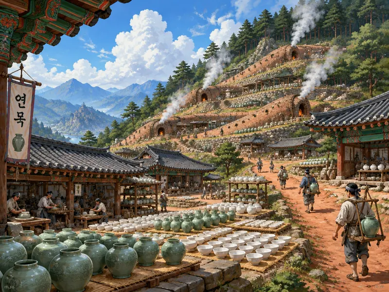Tungku panjang bertingkat di lereng Yeonmok, dengan deretan guci seladon dijemur di atas tikar.